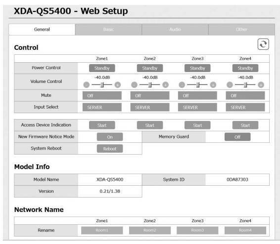 YAMAHA XDA-QS5400RK Multi-Room Amplifiers Owner's Manual -Displaying the Web Setup screen